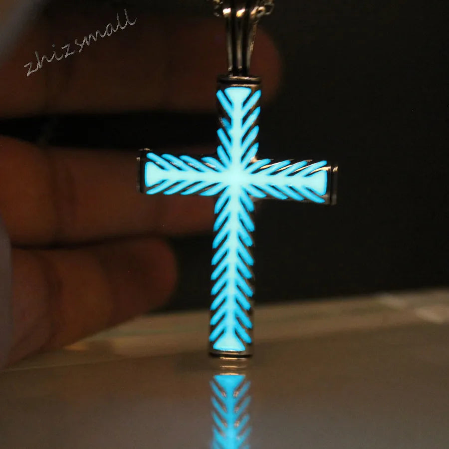 Holy Cross - Luminous Cross Pendant Necklace, Silver, Glow In the dark, Chain Necklace