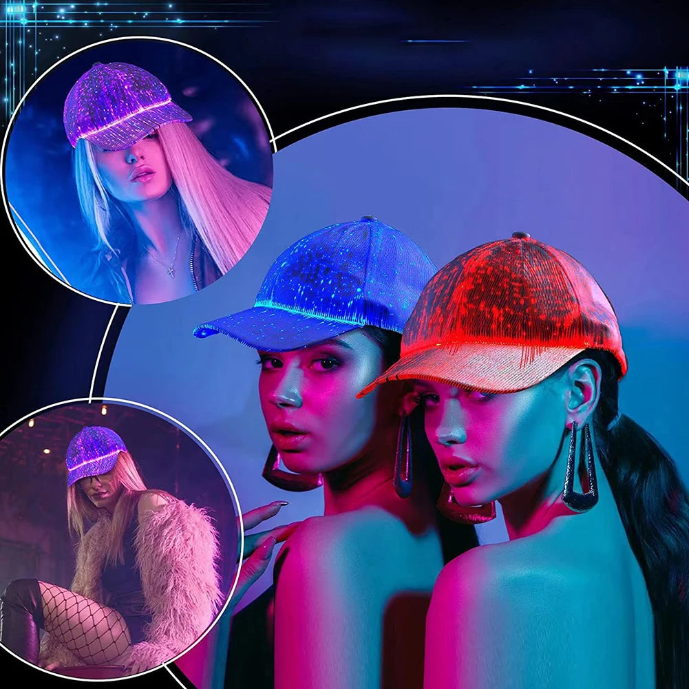 Fiber Optic / LED Hat with 7 Colors Luminous Glowing Baseball Hats USB Charging Light Up Caps Party LED Adjustable Fit Cap