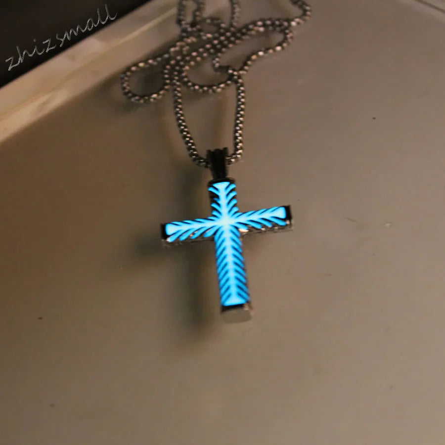 Holy Cross - Luminous Cross Pendant Necklace, Silver, Glow In the dark, Chain Necklace