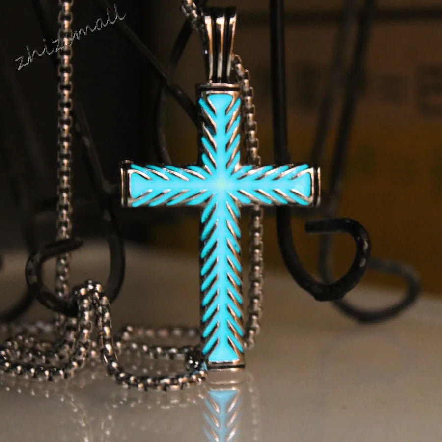 Holy Cross - Luminous Cross Pendant Necklace, Silver, Glow In the dark, Chain Necklace