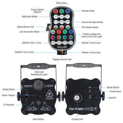 Laser Projector Stage RGB Light DJ Disco LED Sound React Strobe Stage Effect